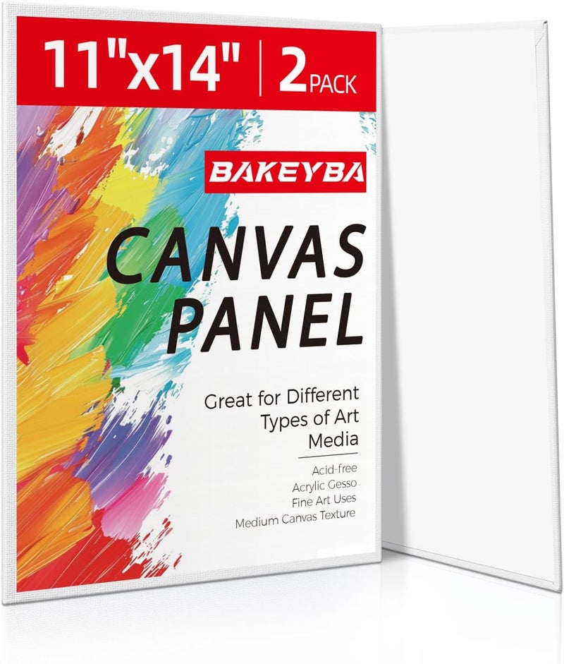BAKEYBA Canvas Boards for Painting, 2 Pack 11x14 Cotton Primed Acid Free Blank Paint Canvas Panels for Oil, Watercolor, Acrylic, Gouache and Tempera - Image 1